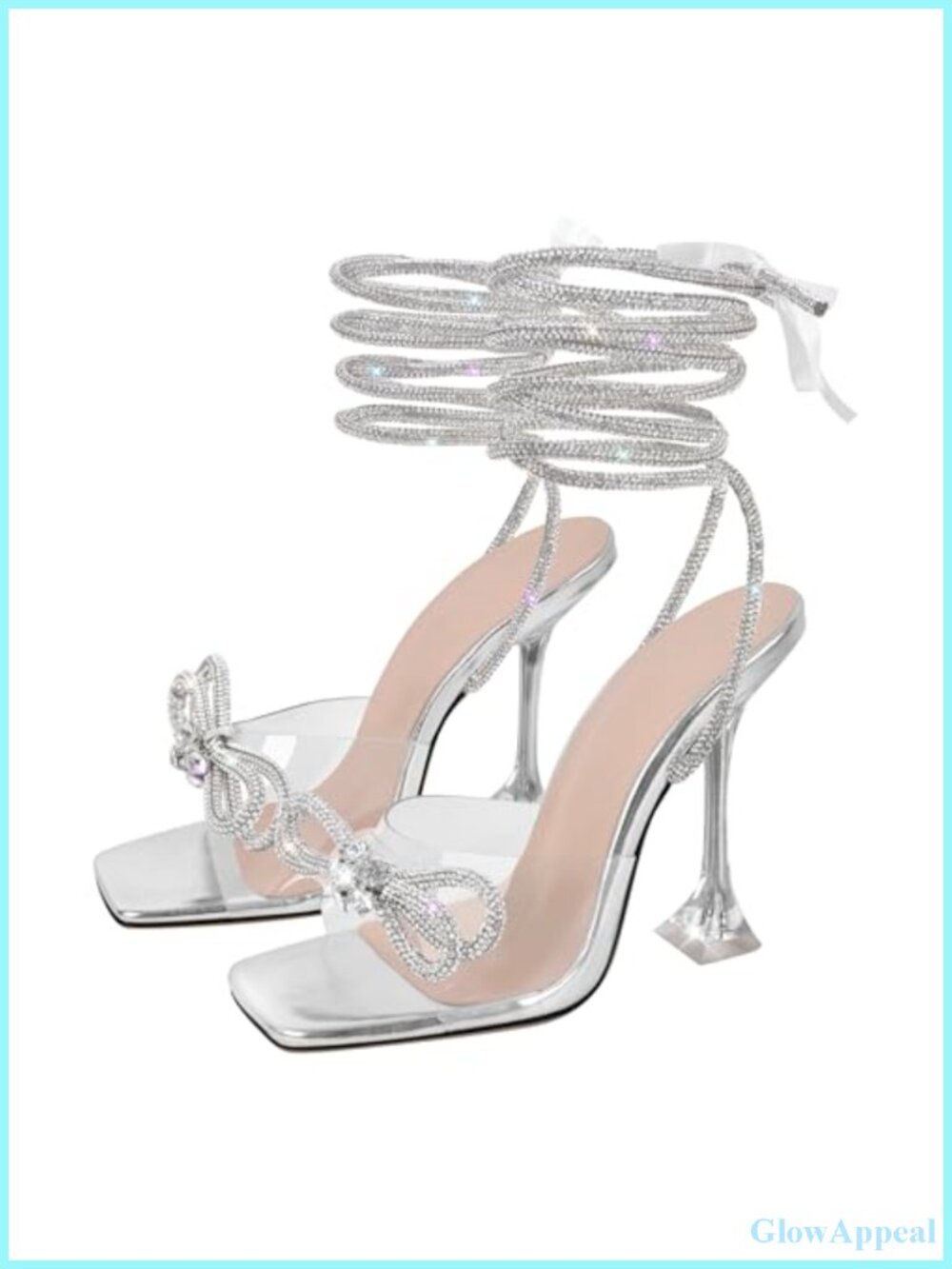 Clear Heels Diamante Bow Lace Up Strap Rhinestone Stiletto Sandals